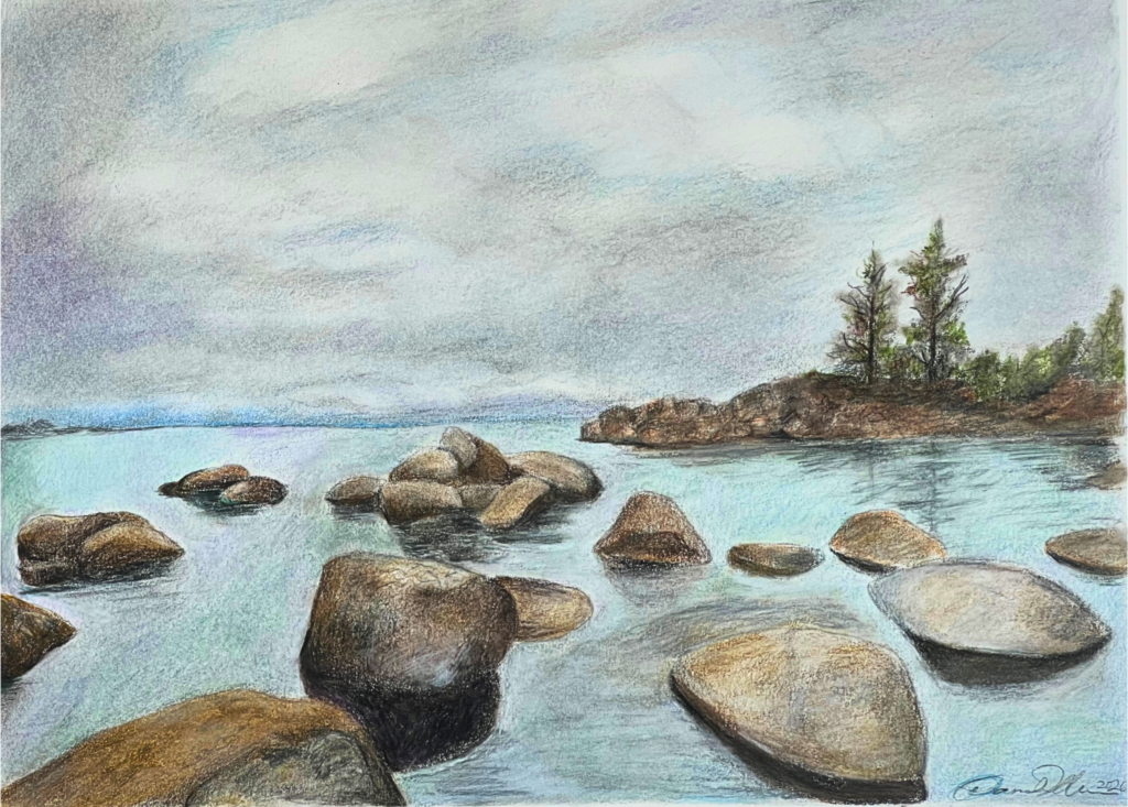 Artwork of river with rocks mindful